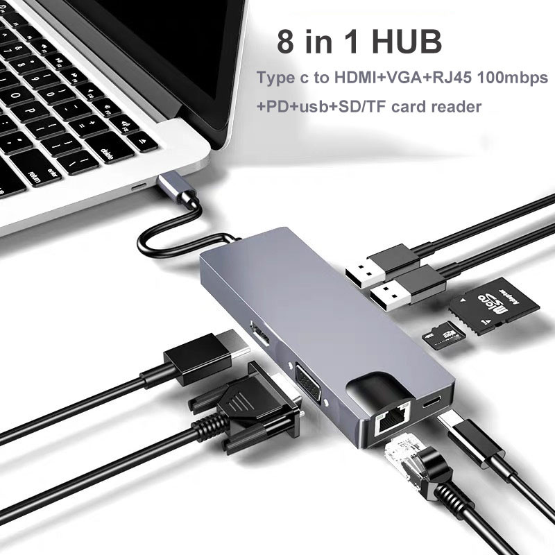 Hub USB C Type C với VGA 4K HDMI tương thích RJ45 với Hub 3.0 TF SD Đầu ...
