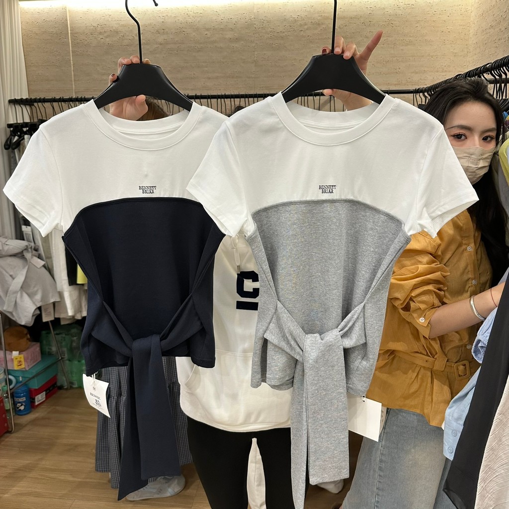 Milyfashion Giả Hai Mảnh Slim-Fit Phối Màu Phối Ren Ngắn Tay T