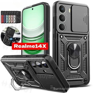 Ốp điện thoại cho Realme 14X 5G 2025, có giá đỡ nhẫn, ốp bảo vệ camera trượt đẩy kéo, chống sốc, viền mềm, vỏ PC cứng phía sau