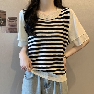Plus Size Nữ Sọc Tay Ngắn Mùa Hè 2025 Phong Cách Mới Béo mm Bao Bụng Ôm Hơn Nhìn Voan Áo Thun Stitch