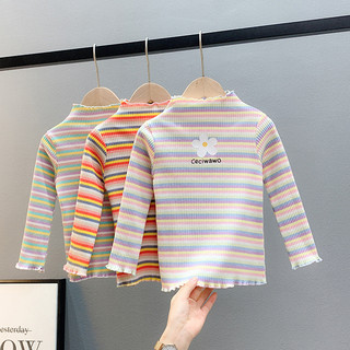 (1-8Y) Màu Sắc Sọc Áo Sơ Mi Hoa Trẻ Em Bé Gái Áo Cổ Rùa Trẻ Em Bé Gái Dài Tay Áo Cotton Thường Ngày