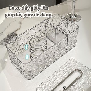 Hộp đựng khăn giấy vân kim cương trong suốt kèm khay đựng đồ để bàn họa tiết thỏ sang trọng