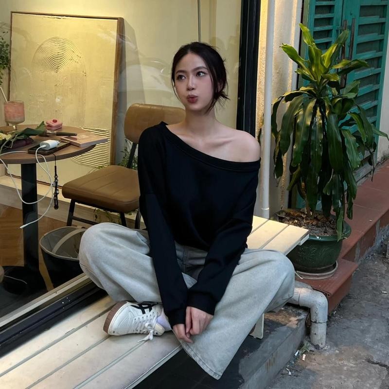 Áo Sweater Nữ Trơn Tay Dài Lệch Vai PINKSTORE29 Phong Cách Basic A51229