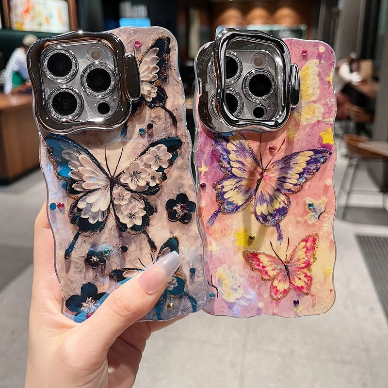 Dành Cho iPhone 16 Pro Max 15 14 Plus Ốp Điện Thoại Họa Tiết Bướm Nhiều Màu Sắc Thời Trang Có Giá Đỡ Chức Năng Vòng Ống Kính Cho iPhone 11 12 13 14 15 16 Pro Max Silicon Mềm Chống Sốc