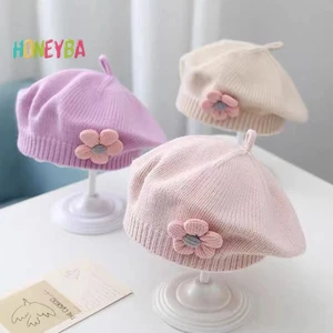 < Honeyba > Mũ nồi hoa cho bé màu trơn mùa đông ấm áp len dệt kim cho trẻ sơ sinh Bé gái Hàn Quốc Bé gái Công chúa nghệ sĩ Mũ họa sĩ