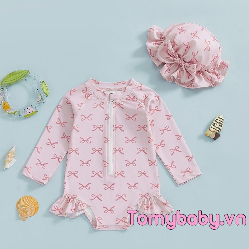 Bộ đồ bơi Baby Girls Rash Guard Nơ dài tay / Bộ đồ tắm in hình anh đào có mũ chống nắng