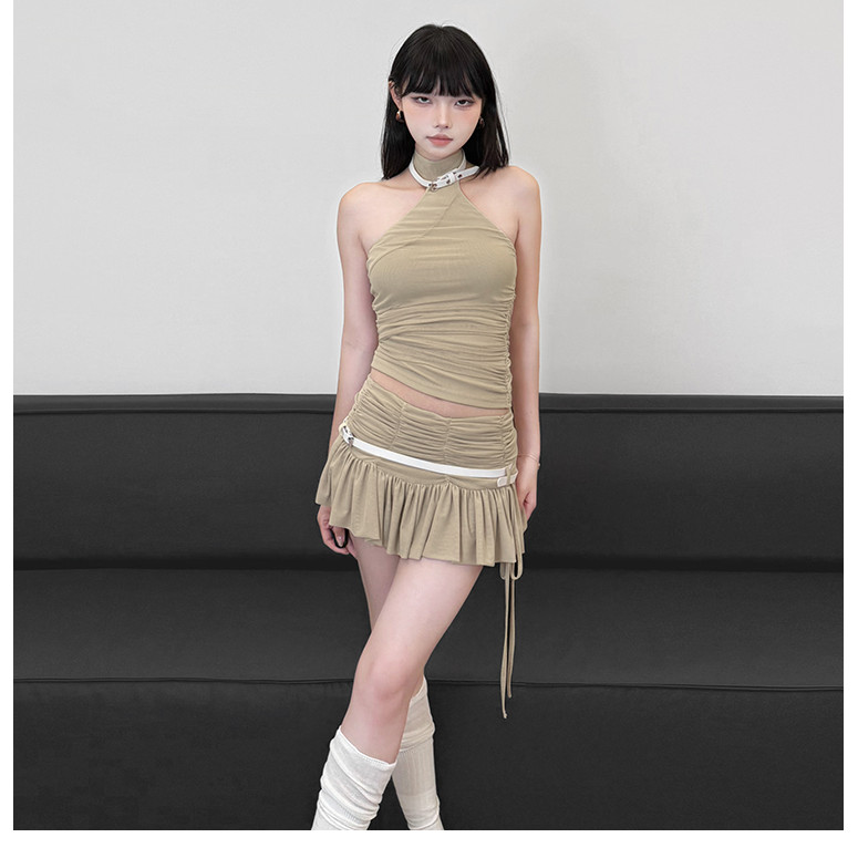 Klalien Hai Mảnh Bộ Dây Tắt Tay Skinny Backless Vest Ruched Cá Tính Váy Đa Năng Thời Trang Hot Nữ