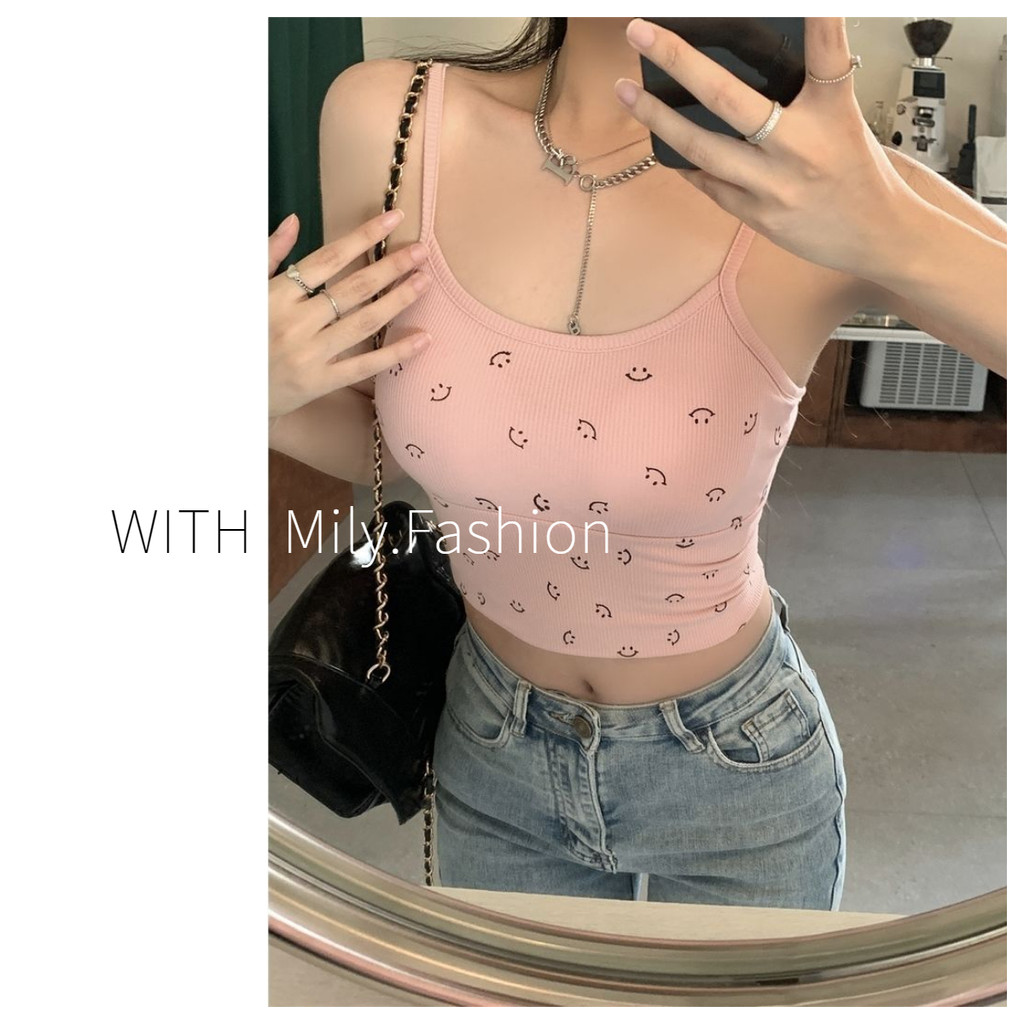 Milyfashion Mặt Cười In Màu Hồng Hot Girl Sling Mặc Bên Ngoài Lưng Đẹp Phong Cách Mới