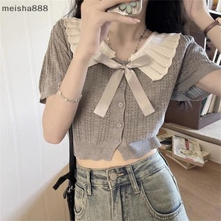 Meisha888 Mùa Hè Búp Bê Cổ Tay Ngắn Dệt Kim Áo Thun Nữ Sang Trọng Crop Top Đẹp
