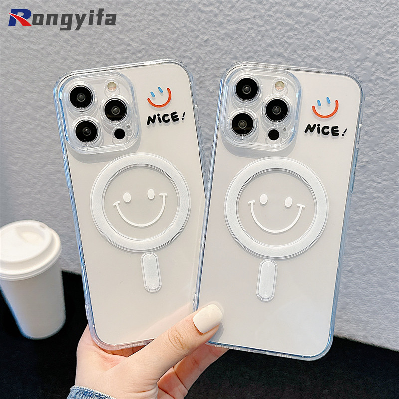 Vỏ sạc không dây từ tính cho OnePlus 13 13R 12 12R 11 11R 10T 10R 10 9 8 9R 9RT 8T 7 6T ACE 5 3 2 Pro 3V 2V Nord CE 4 3 2 Lite 2T N30 Điện thoại trong suốt Ốp lưng hình nụ cười hoạt hình