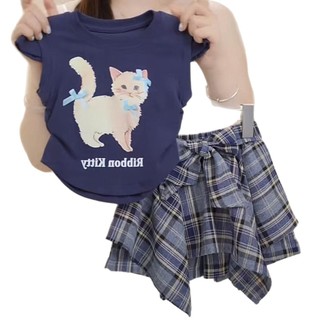 Trang phục bé gái 2025 mới mùa hè, bộ vest dễ thương cho bé gái, váy kẻ sọc và quần, bộ hai mảnh