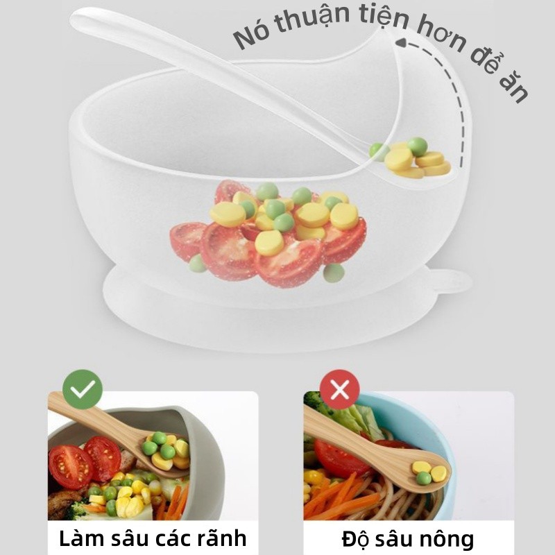 Bát ăn dặm silicone cho bé từ 5 tháng, Kèm Thìa Gỗ, Đế hít chống trượt đổ, An Toàn, Dễ Vệ Sinh