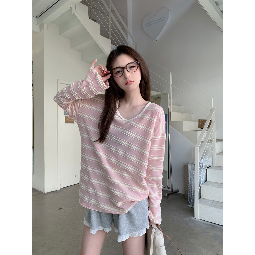 SUXI Áo thun dài tay dệt kim sọc đơn giản mùa hè mới của Hàn Quốc dành cho nữ 250419