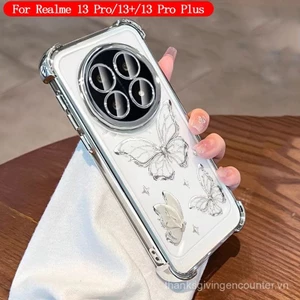 Ốp lưng Realme 12X 12 13 5G, ốp lưng Realme 13 12 14 Pro Plus 5G, ốp lưng hình bướm dễ thương, trong suốt, mềm mại, chống sốc với nắp camera, phim bảo vệ ống kính, túi khí dày, ốp lưng sang trọng cho các cô gái