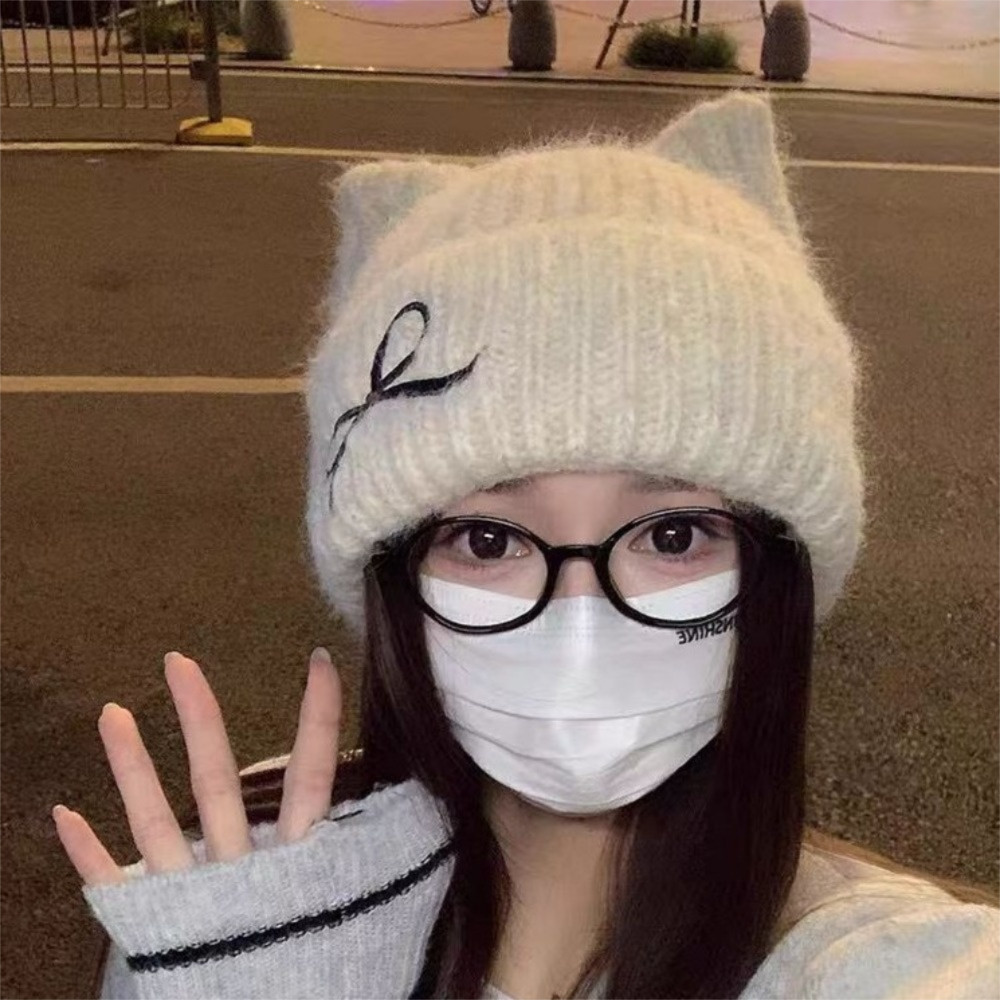 Mũ beanie dệt kim HOBBYIN tai mèo, thời trang mùa đông ấm áp
