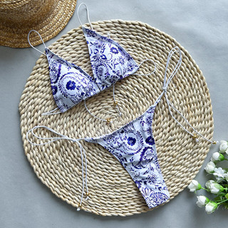 Đồ Bơi Nữ Màu Tím Retro In Dây Bandeau Hai Mảnh Bikini Đồ Bơi