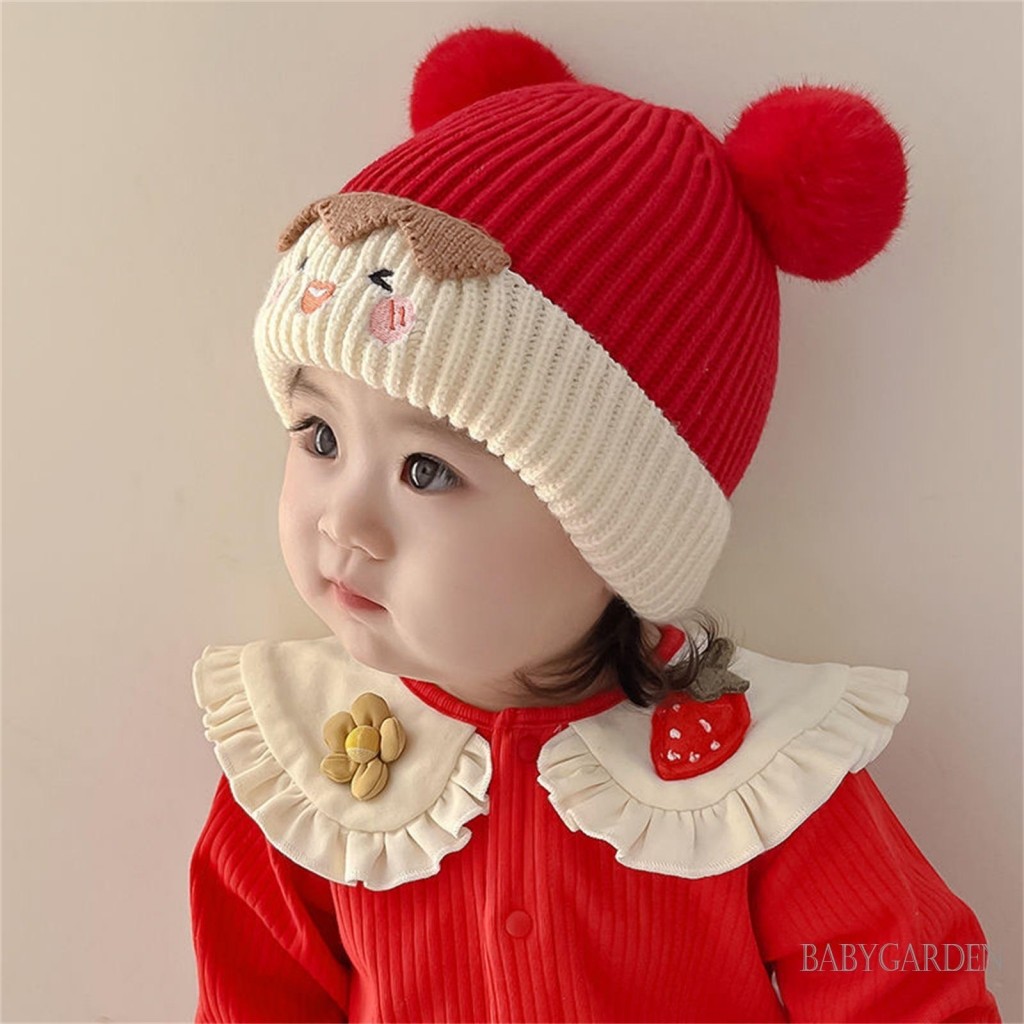 / / -Toddler Baby Puff Ball Beanie Dễ Thương Mùa Đông Ấm Áp Bao Tai Chunky Mũ Đan Cho Bé Gái Bé Trai