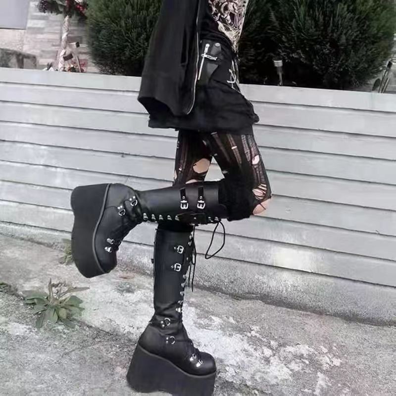 Giày Rider Đế Dày Siêu Cao Nữ Phong Cách Tối Punk Giày Cao Gót Mũi Tròn Ren-Up Xe Máy Dài T