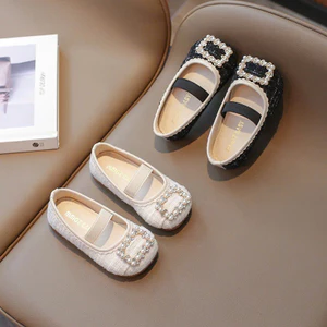 giày búp bê bé gái giày bệt cho bé da PU bọc vải tweed mềm đen trắng không bám bụi êm chân đế dẻo đính đá điệu đà V7713