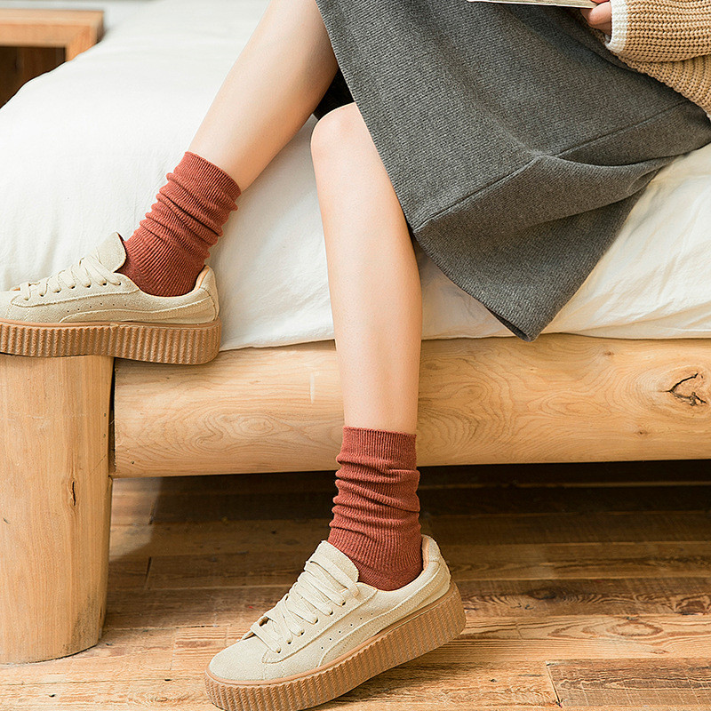 Mới Phong Cách Nhật Bản Cotton Màu Trơn Rời Dài Tất Cotton Đan Đen Trắng Cà Phê Tất Nữ