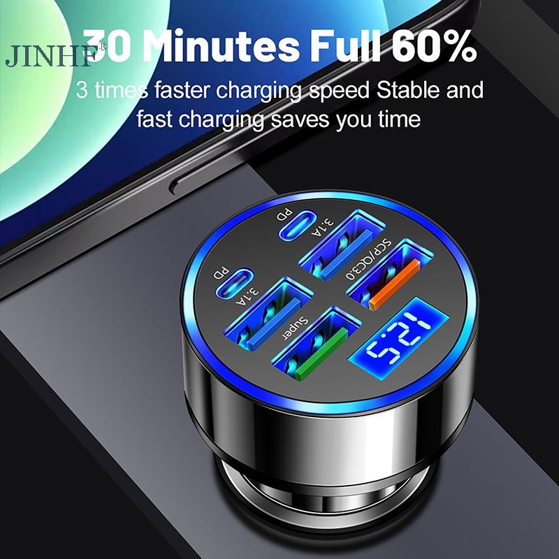 Jinhf 100W 6 cổng USB Type-C Bộ sạc ô tô có màn hình điện áp PD Bộ chuyển đổi nguồn sạc nhanh cho Iphone Android Điện thoại thông minh Máy tính bảng HOT