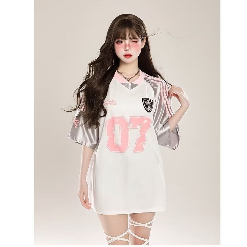 ThaliaWisp Áo Thun Nam Mỹ Retro Khâu In Hình Mùa Hè Phong Cách Thể Thao Rời Cổ Chữ V Jersey