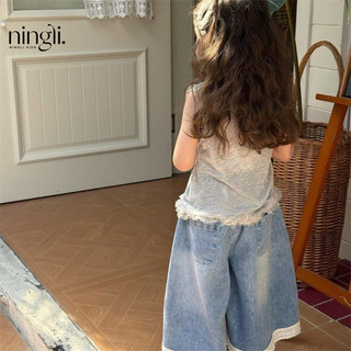Áo vest ren gấu cho bé gái, quần denim ống rộng, quần dài