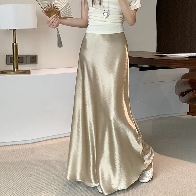 SUXI Váy Midi Satin Mùa Hè Mới Eo Cao Drap Nữ Váy Đuôi Cá Chữ A 260317
