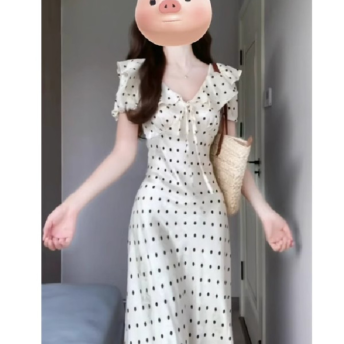 Đầm tay phồng chấm bi kiểu Pháp cho phụ nữ, kỳ nghỉ hè bãi biển, eo nhẹ nhàng, đầm nhỏ thanh lịch