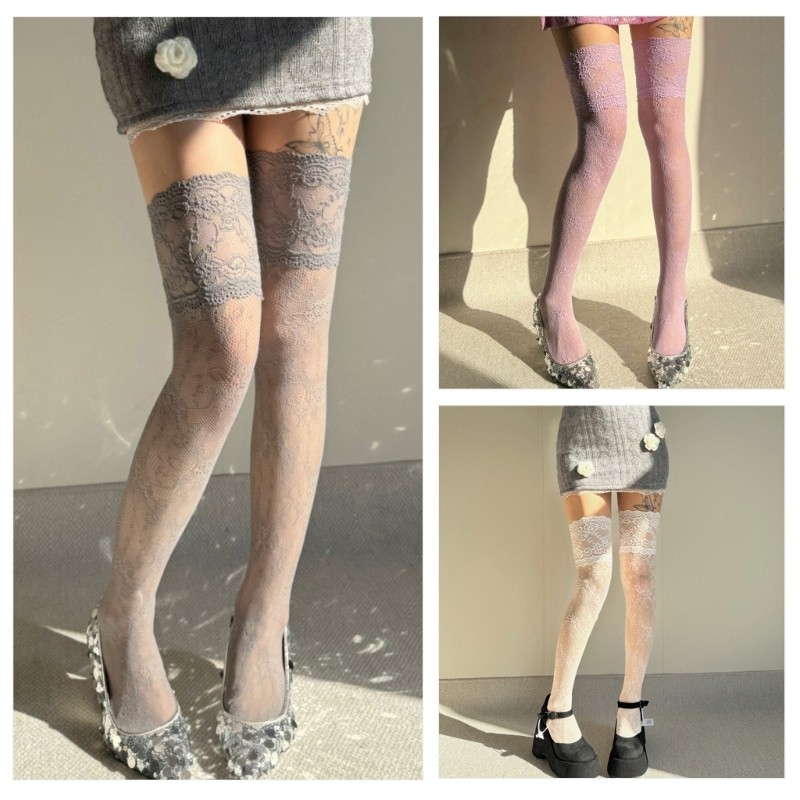 VIC Vintage Full Ren Fishnet Đùi Vớ Nữ Họa Tiết Hoa Lưới Trên Đầu Gối Dài Boot Tất