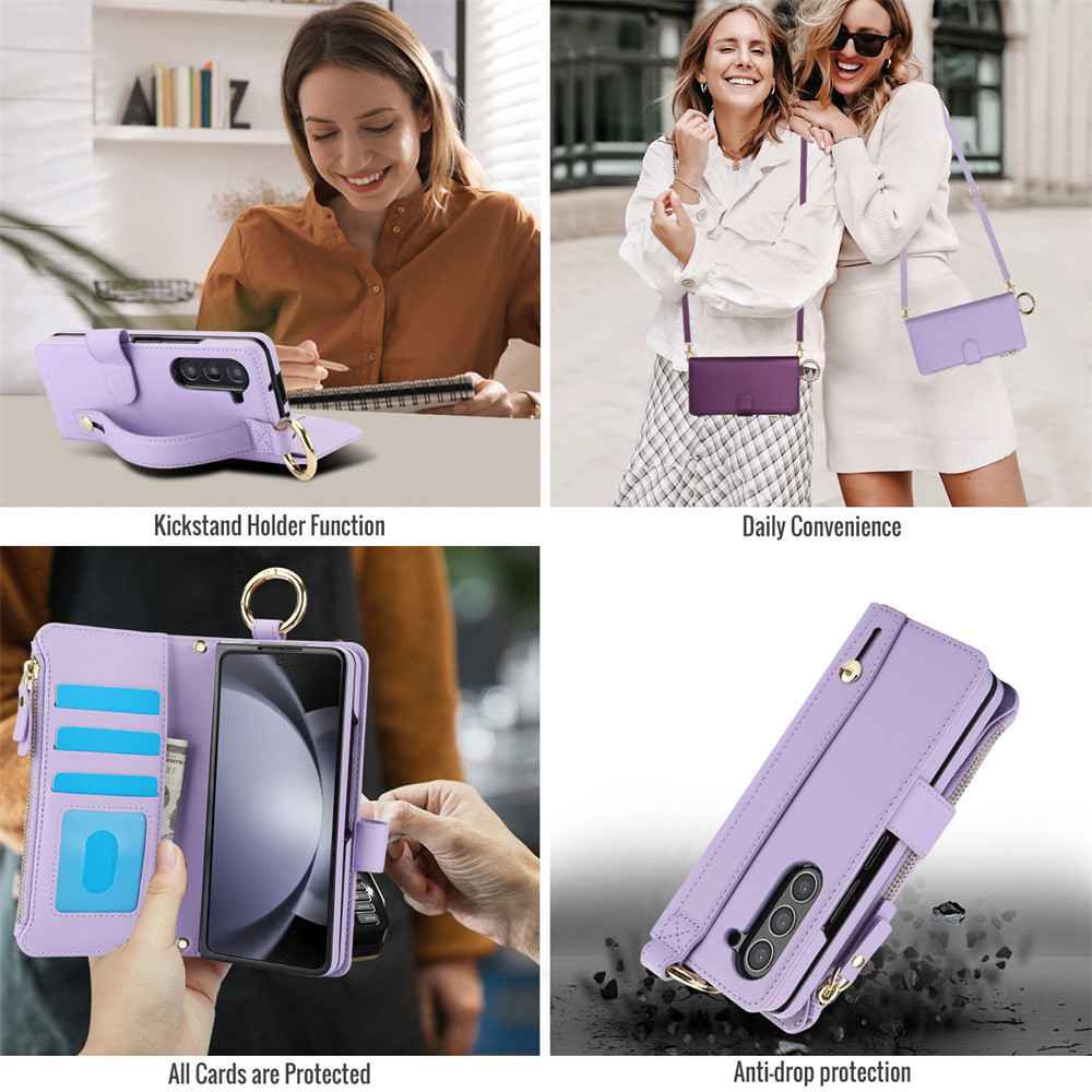 Ốp Điện Thoại Ví Đeo Ngang Cho Samsung Galaxy Z Fold 6 5 4 3 Fold6 Fold5 Fold4 Fold3 5G Thẻ Solt Giá Đỡ Vòng Da PU