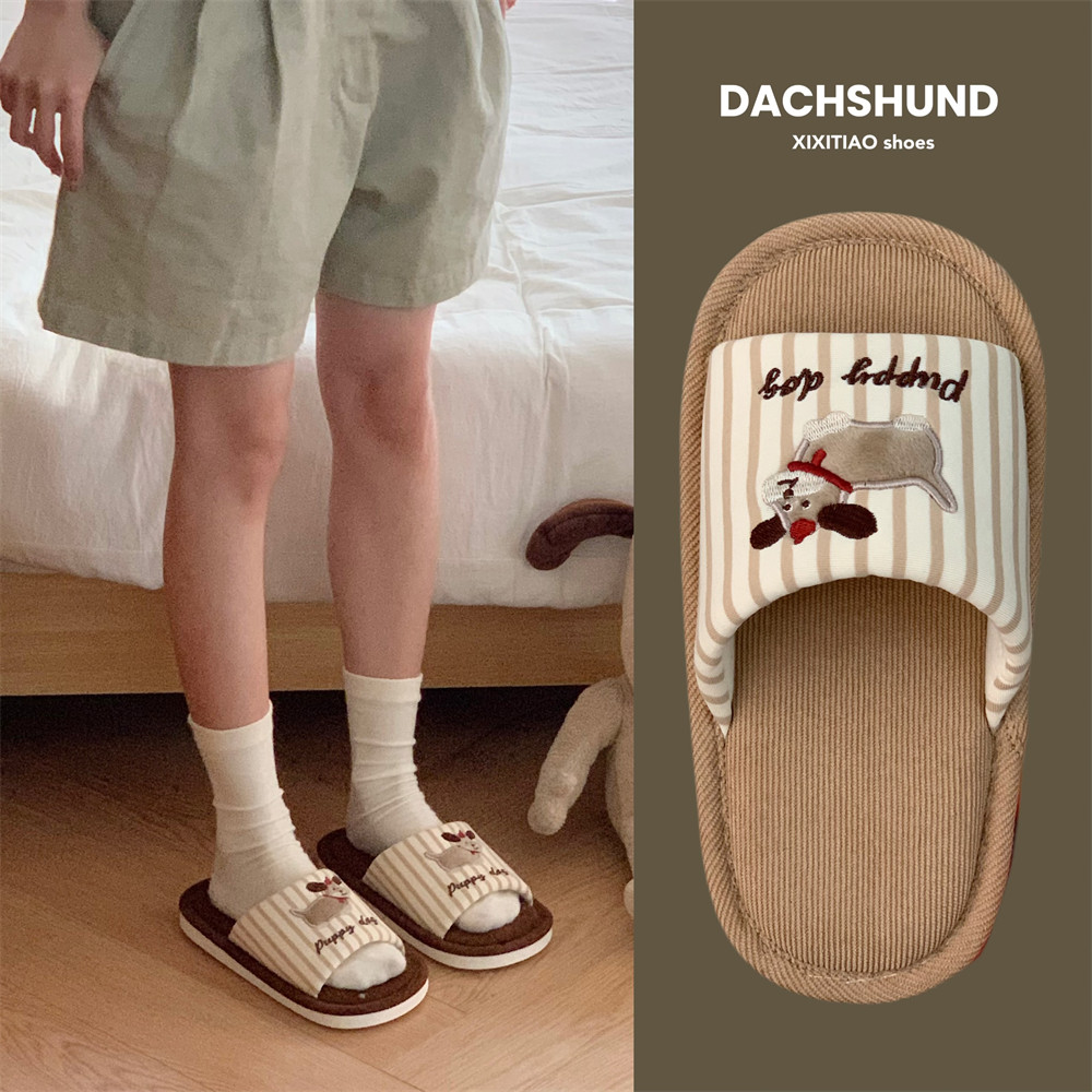 Dễ Thương Chó Con Vải Lanh Dép ins Nhật Bản Bốn Mùa Đa Năng Dép Đi Trong Nhà Dép Vải Lanh Cotton Giày Sàn Hút Mồ Hôi Hộ Gia Đình Dép Phẳng