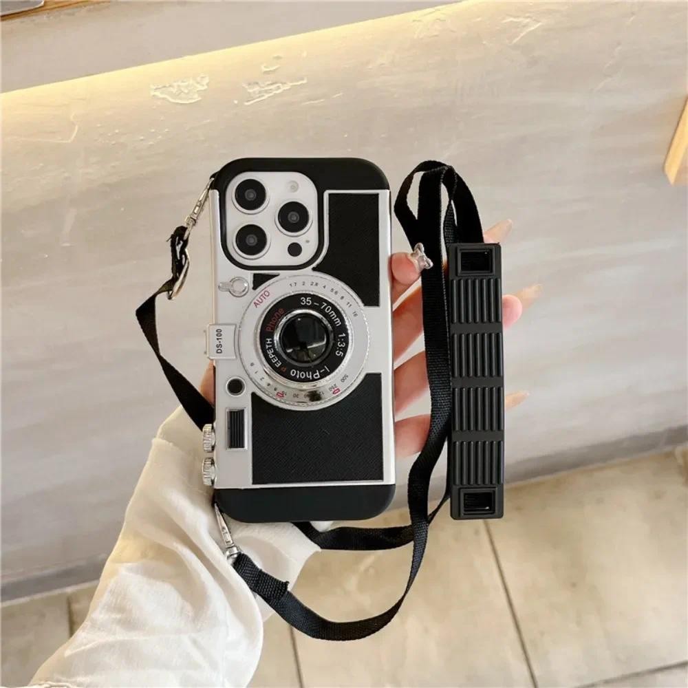 Ốp Điện Thoại Đeo Ngang Camera 3D Retro Cho iPhone 16 Pro Max 15 14 13 11 12 Mini XS Max XR X 7 8 Plus SE 2020 2022 Dây Nhựa Cứng