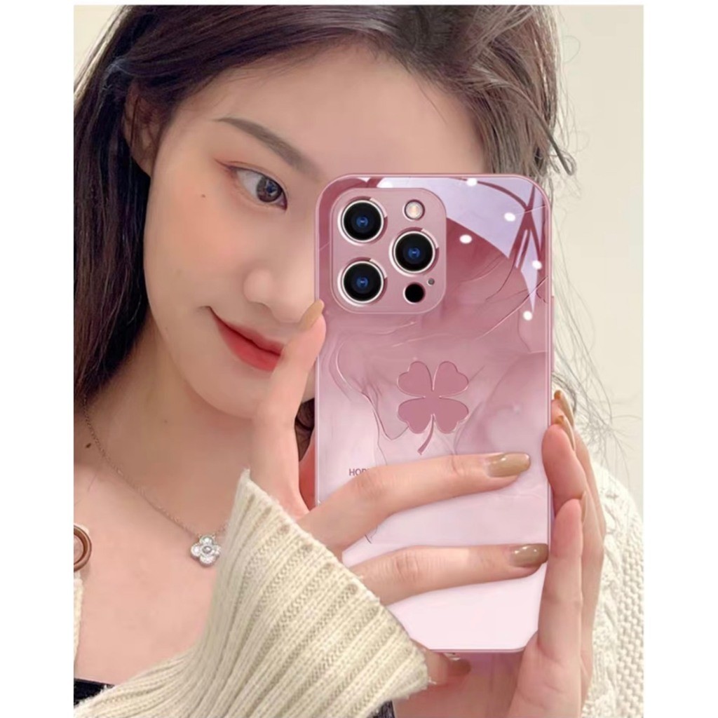 𝐓𝐞𝐜𝐡 𝐒𝐭𝐨𝐫𝐞 Ốp điện thoại kính cường lực cỏ ba lá có sẵn Thích hợp cho IPhone 15pro 14 13 12 Promax 11promax 7 8plus Xsma