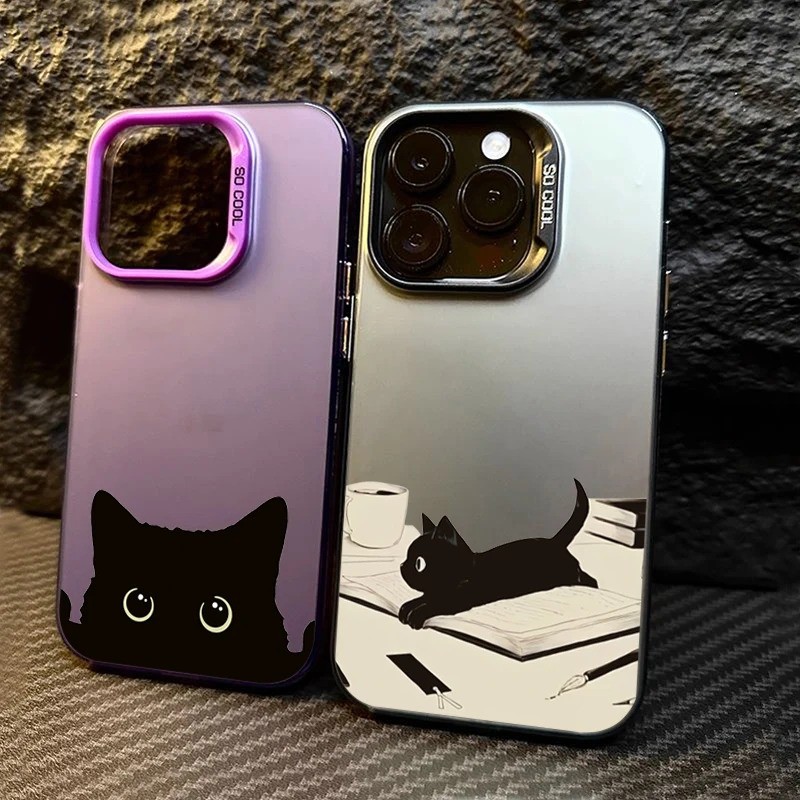 Dành Cho iPhone 11 16 14 15 12 13 Pro Max 16e 8 7 Plus XR X XS Max SE2020 2022 Họa Tiết Mèo Đen Dễ Thương IMD Kim Loại Cứng Chống Sốc