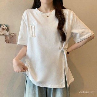 Áo phông ngắn tay cúc Tua Rua Phong Cách Trung Quốc mới Áo 300 kg cỡ lớn tôn dáng gầy rộng rãi mẫu mới mùa hè 2024 nữ