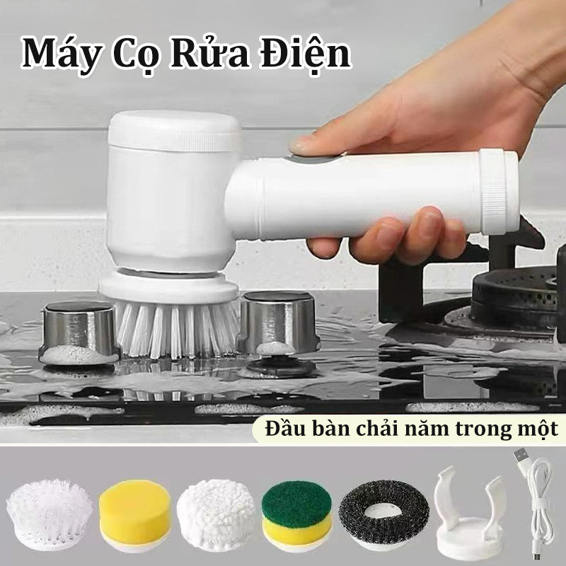 Máy Cọ Rửa Điện Đa Năng,Sạc USB, Bàn Chải Cầm Tay Vệ Sinh Bếp, Bồn Rửa Mặt, Đánh Giày,Đánh Bóng Với 5 Đầu Thay Thế