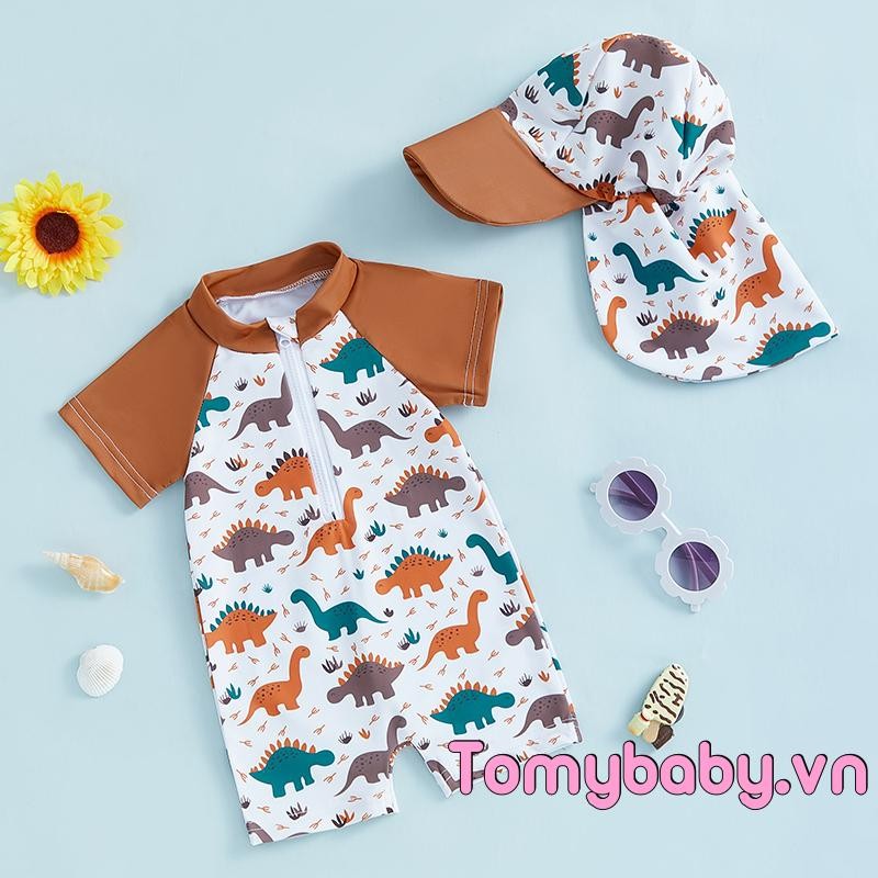 Trẻ mới biết đi Bé trai Rash Guard Đồ bơi in hình khủng long tay ngắn Mock Cổ Zip Bộ đồ tắm có nắp bơi