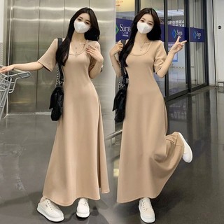 [Váy dài vừa vặn đơn giản] Đầm cỡ lớn nữ béo mm Size lớn 100kg Váy ngắn tay cổ chữ u dành cho nữ Váy chữ a dáng rộng hẹp Váy xoay lớn mùa hè Màu trơn Một @ -