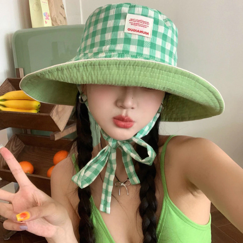 Mũ Tai Bèo Chống Nắng Vành Rộng 2 Mặt Họa Tiết Caro-Trơn Màu Pastel,  Mũ Bucket Dây Nơ Đi Biển