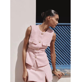 Áo gile Zara made in Morocco tweed màu xinh hồng xanh