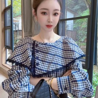 [318 Người Giao hàng trong vòng 7 giờ] Thiết kế kẻ sọc phong cách phương Tây thời trang kiểu Pháp Áo sơ mi dài tay có ve áo không đều 2025 Áo sang trọng mùa xuân