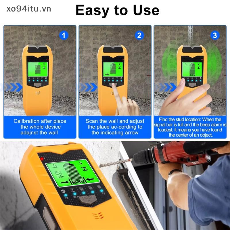 Xoitu Wall Stud Finder Cảm biến Máy quét tường LCD 5 trong 1 Máy dò điện tử Edge Center Dòng gỗ Kim loại AC Live Wires Phát hiện VN
