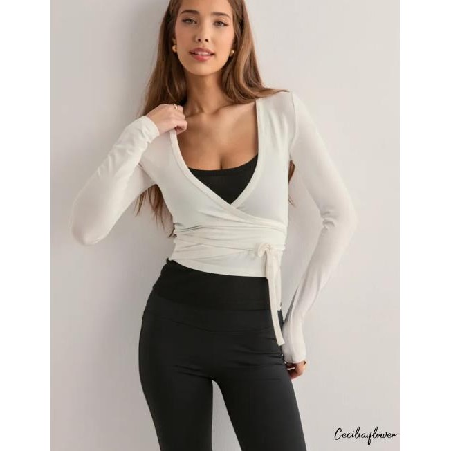 ​Áo Sơ Mi Nữ Cổ Chữ V Sâu Dây Buộc Nơ Form Vừa Ôm Body Dài Tay Basic Màu Trơn Gợi Cảm Cho Mùa Hè Cami Ulzzang​
