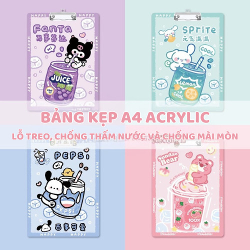 Bảng kẹp tài liệu trong suốt A4 bìa cứng, bản kẹp giấy acrylic họa tiết Kuromi dễ thương