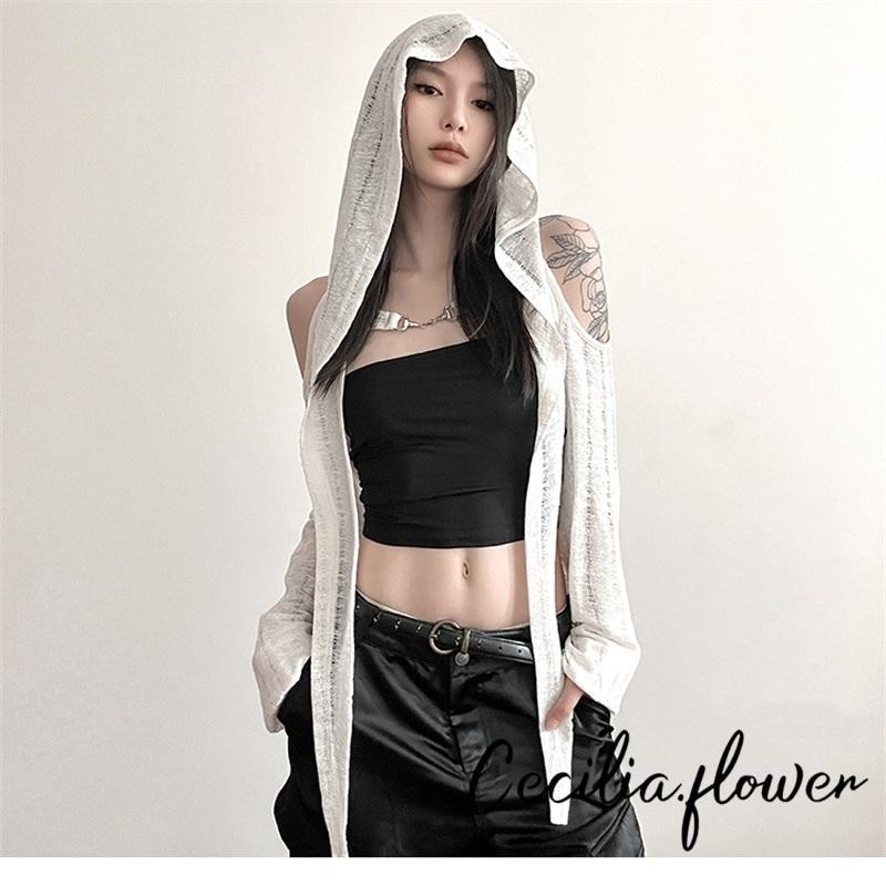 Phụ Nữ Suncreen Cardigan Rỗng Khóa Kim Loại Tay Dài Có Mũ Trùm Đầu Che Mùa Xuân Mùa Hè Thường Ngày Mềm Shrug