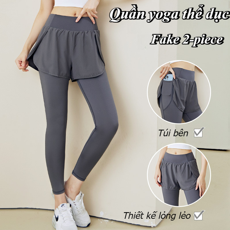 QuầnTập Gym Yoga Chạy Bộ 2 Lớp Có Túi Đựng Điện Thoại, Quần legging nữ co giãn, Có túi bên