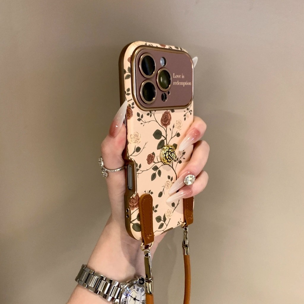 Ốp điện thoại mẫu mới 16 hoa hồng da ba chiều dây đeo iPhone15ProMax 14 chống rơi 13 Nữ 12