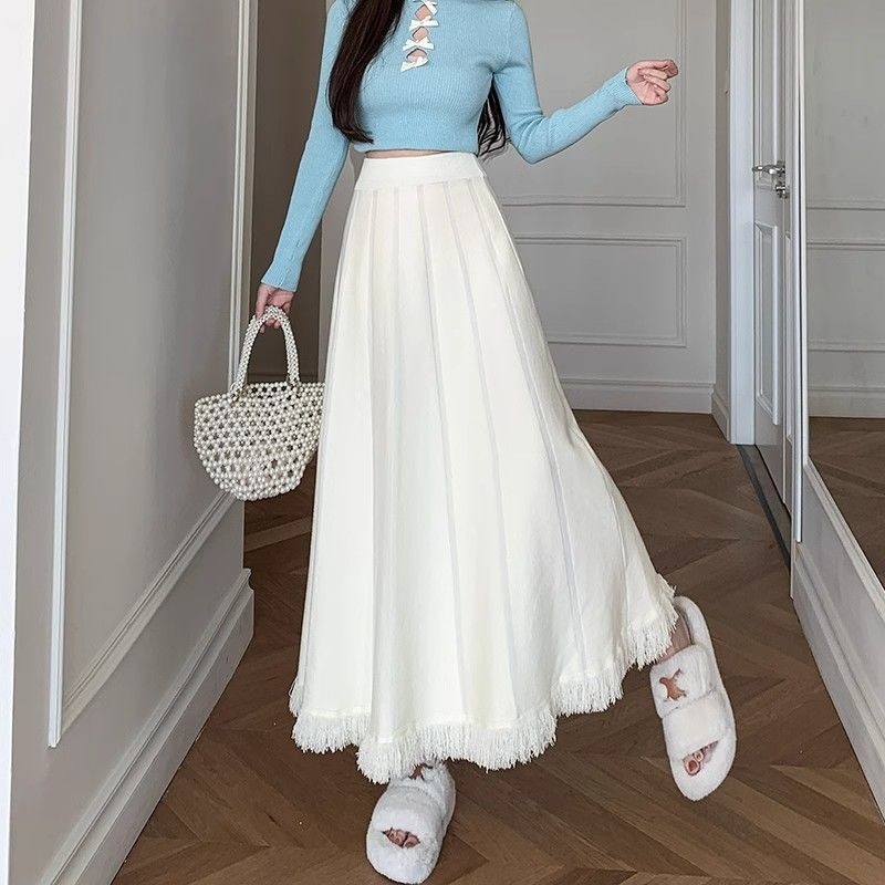 Giữa Đến Dài Thu Đông Tính Khí Dệt Kim Rời Chữ A Váy Có Sợi Nữ Plus Size Tua Rua Cao Cấp Nửa Chiều Dài Váy