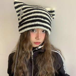 Mũ Beanie PURECOTTON0 và Quỷ Ngôi Sao Sọc, Móc Mũ Bò Dệt Kim Hình Mèo, Phong Cách Y2K Dễ Thương Cho Thu Đông